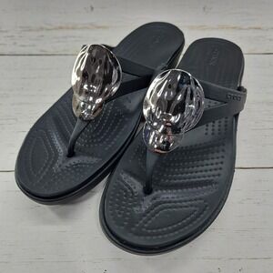 Crocs Sanrah 11 Black Hammered Metallic‎ Circles Wedge Sandals 205734